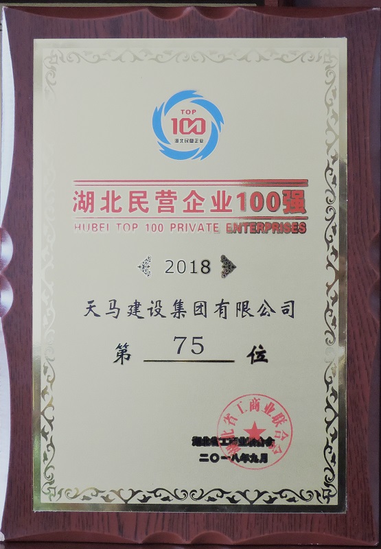 天馬建設集團榮獲“2018湖北民營企業100強”榮譽稱號