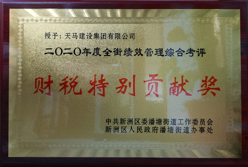 2020年度潘塘街績效管理綜合考評財稅特別貢獻獎